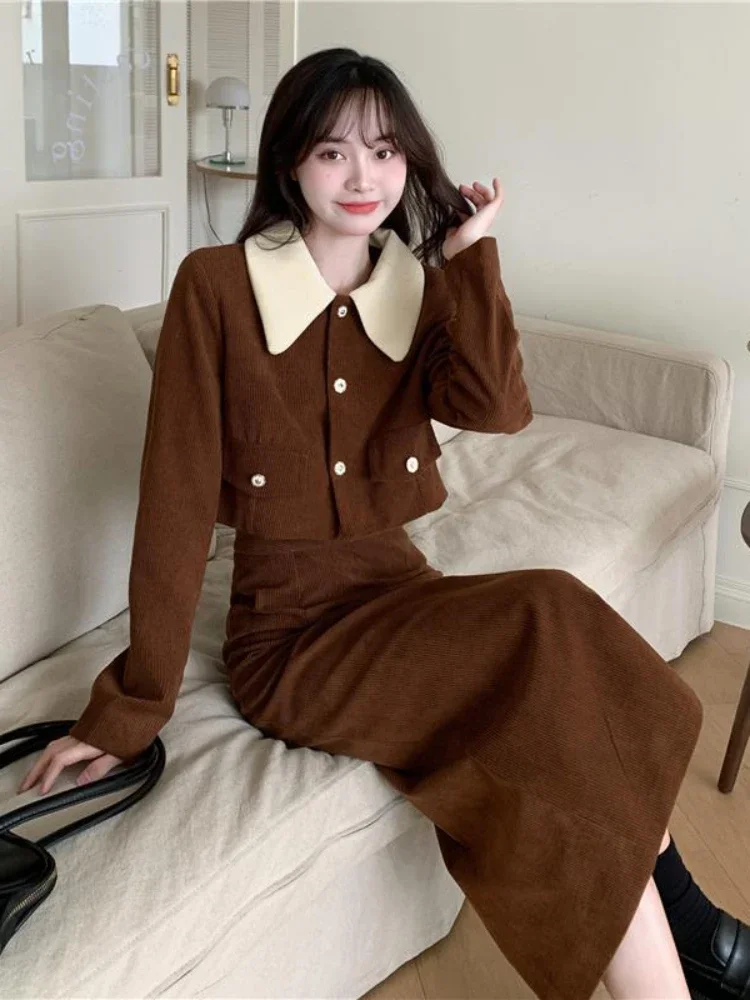 Two Piece Sets Womens Outifits 2023 Autumn Corduroy Short Jacket Skirt Sets Long Sleeved Top Dress Sets Elegant Women\'s Clothing