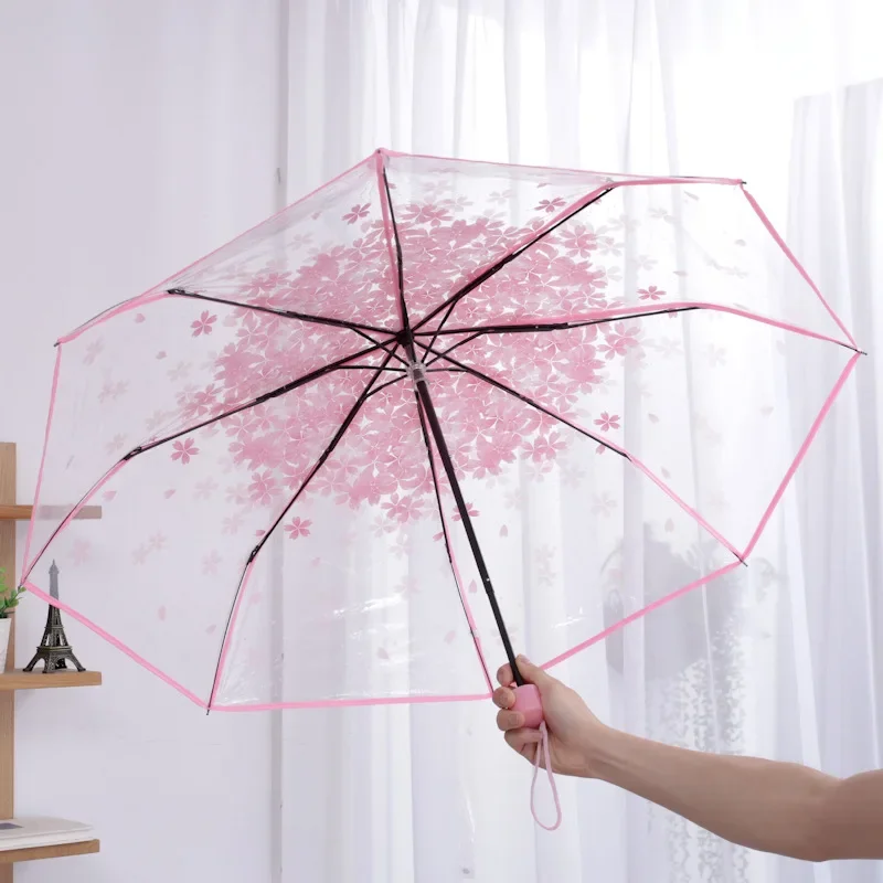 Cherry Blossoms Umbrella Transparent Sakura Rain Umbrellas Manual Open Type Umbrella with Strong Alloy Handle for Men Women