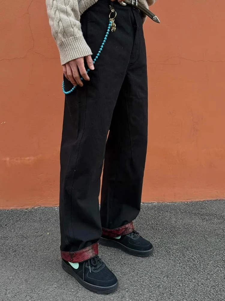 

Autumn Winter Workwear Pants Men's Casual Trousers Snake Skin Pattern Aso Special Dyeing Waed Splicing Loose Straight Leg