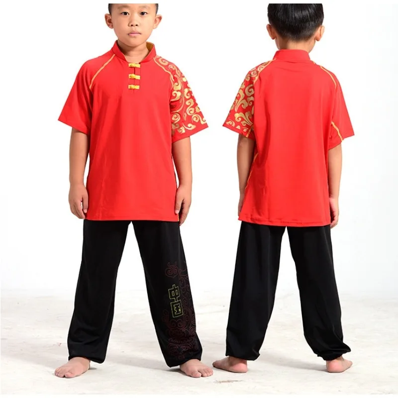 Детская одежда для тайцзи с короткими рукавами для мальчиков, костюмы для тай-чи, одежда для ушу, костюм Тан, униформа кунг-фу, топ + брюки для боевых искусств, комплект