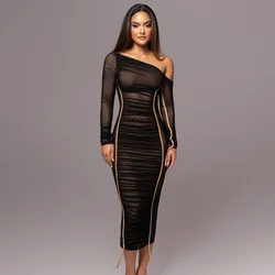 Sexy Slim Solid Diagonal Collar Long Sleeve Draped Sexy See Through Bodycon Maxi Dress Summer Fashion Clothes Festival Club
