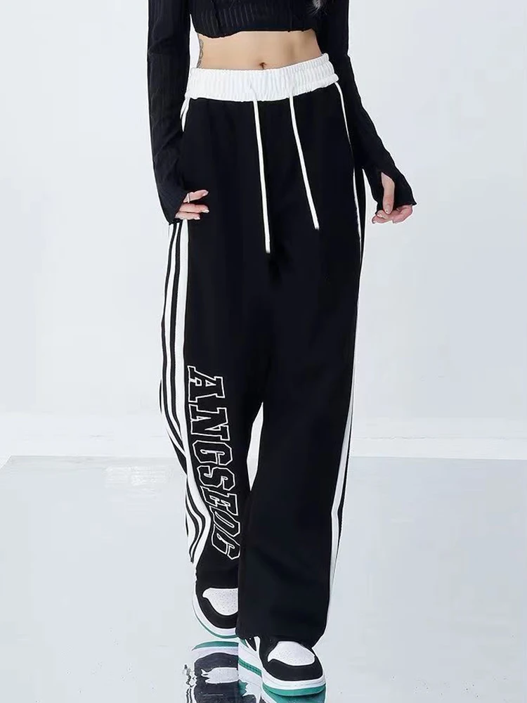 Zoki Harajuku Letter Print Patchwork Sweatpants Women Korean Preppy Style Striped Black Trousers Fashion High Waist Lady Pants