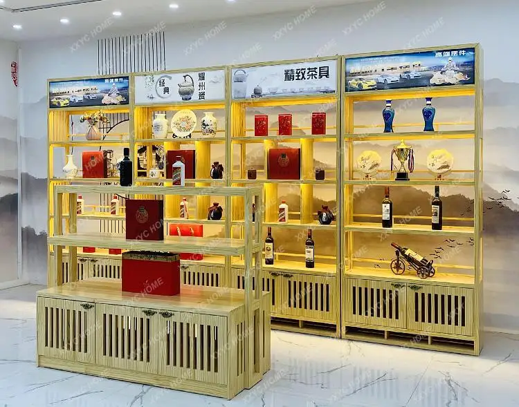 

Tea Shop Display Cabinet Solid Wood New Chinese Style Tea Set Showcase Porcelain Crafts Cabinet with Light Box Tea Cabinet