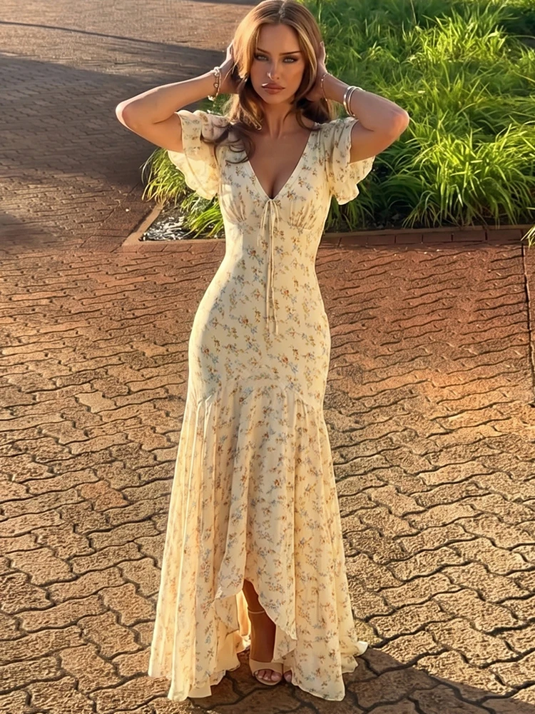 Nibber Patchwork-Maxikleid mit süßem Blumendruck für Damen, sexy, gerüschter, unregelmäßiger Saum, V-Ausschnitt, kurze Ärmel, Stretch-Trend, Party-Clubwear