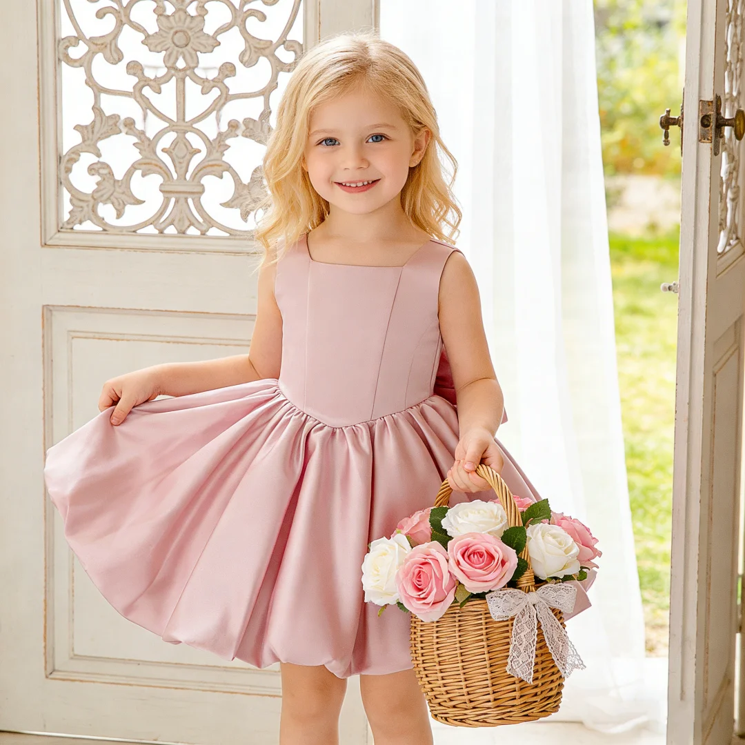 

Girl's Solid Color Princess Dress Birthday Stylish Host Piano Performance Dress Pong Bow Year End Dress