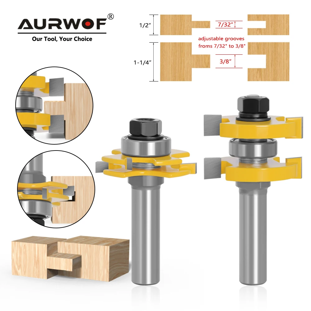 AURWOF 12.7mm 12mm Shank T-Slot Router Bit 3-Flute Adjustable Wood Milling Cutter 1-3/4" Diameter For Grooving C12180A45Y