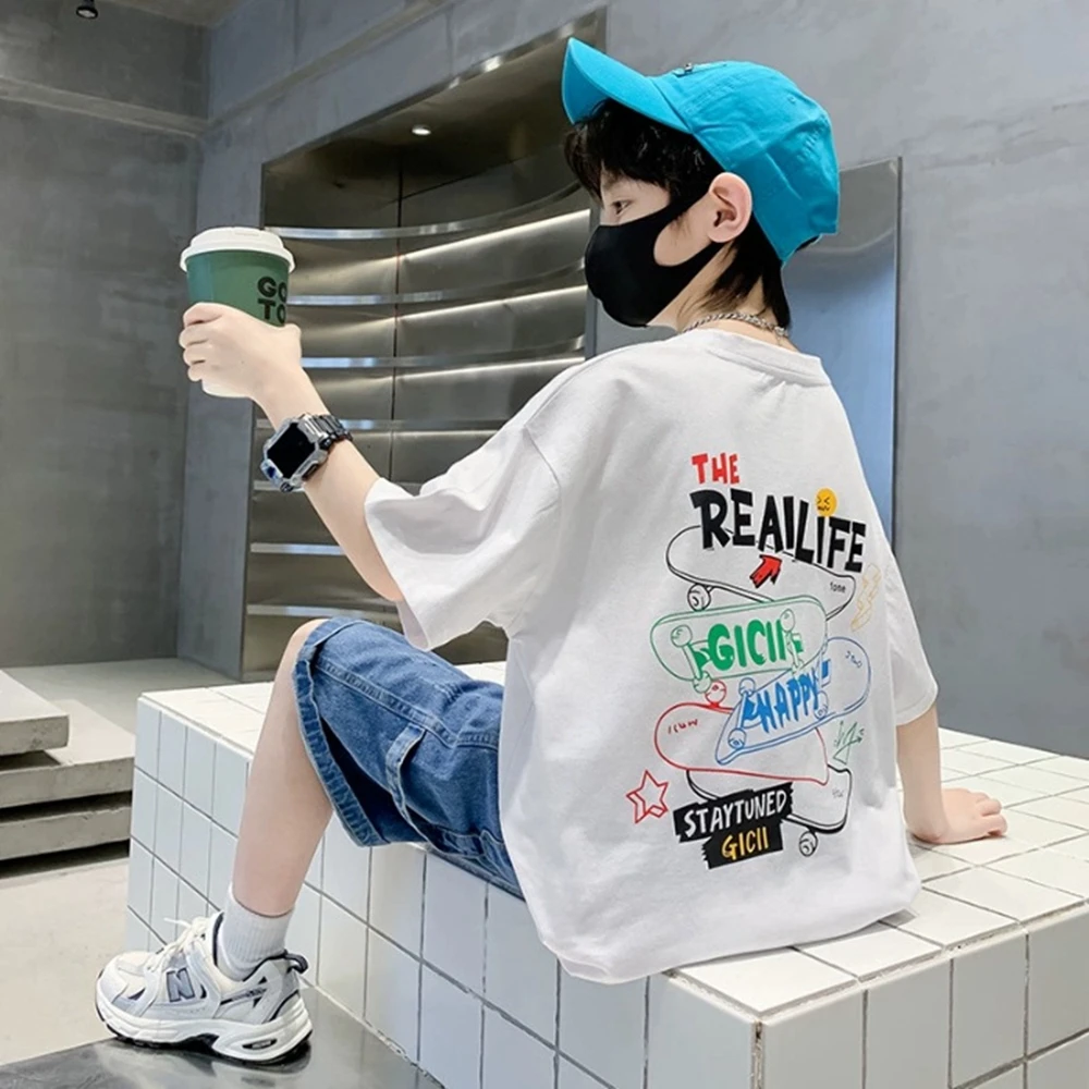 Kids Clothes Summer Streetwear Fashion English Skateboard Print T Shirt 100%Cotton Tops Tees Children Short Sleeve Boys Clothes