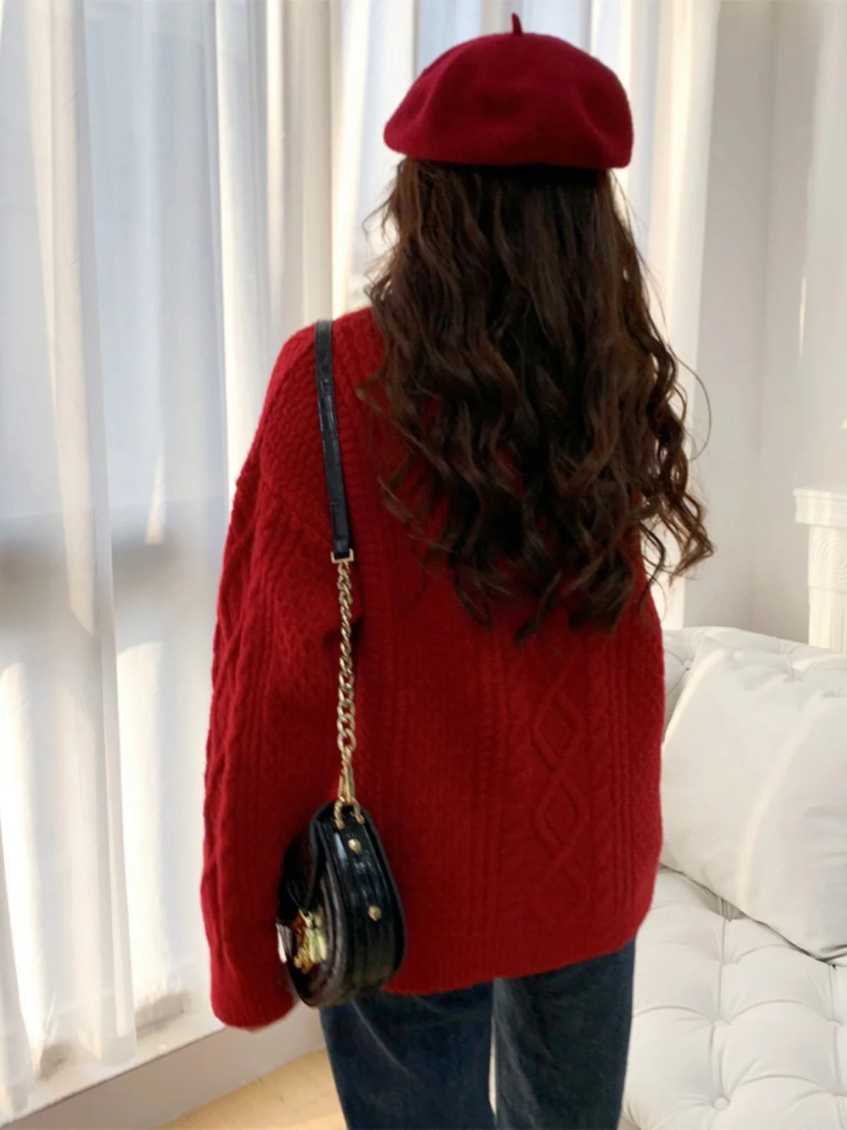 

Вишнево-красный вязаный свитер, круглый, свободный, Lazy Sle, Cisas Cisas Thiened, женская трикотажная одежда, зима 2023,