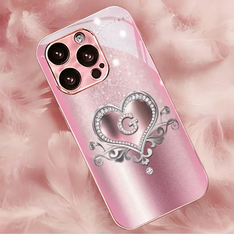 Bling Heart Initial G For Apple Electroplated Pink Phone Case For iPhone 18 17 16 15 14 13 12 11 Pro Max 17Air Plus Glass Cover