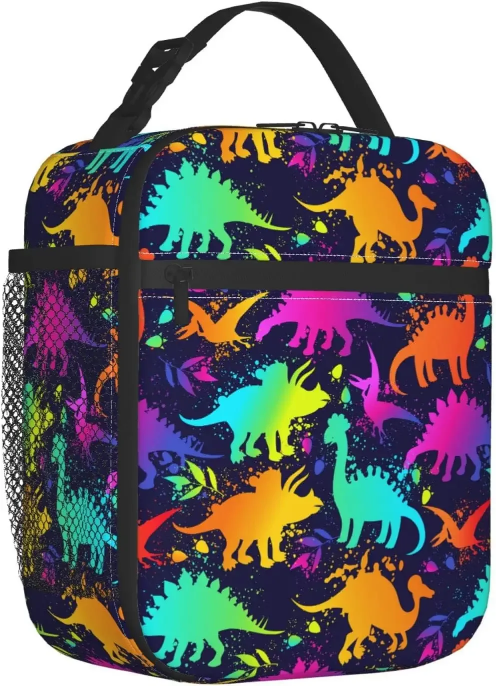 

Funny Colorful Dinosaur In Neon Splashes Lunch Bag, Insulated Reusable Soft Portable Thermal Meal Cooler Totes