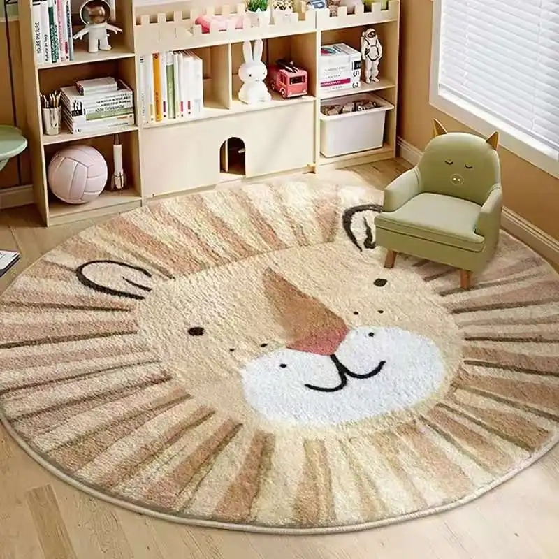 VIKAMA Imitation Kaschmir Cartoon Schlafzimmer Löwe Muster Teppich Niedliche Runde Teppiche für Wohnzimmer Plüsch Nachttisch Teppich Home Decor