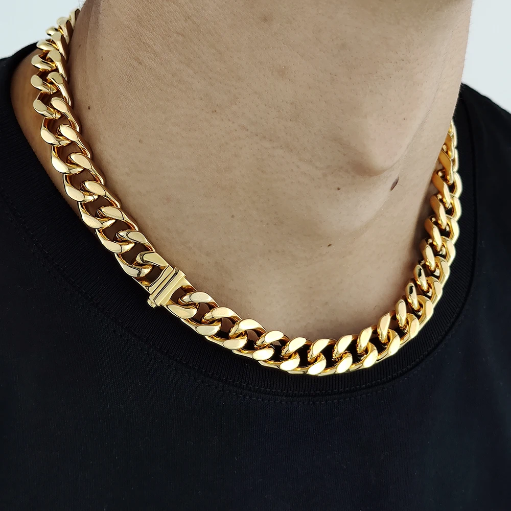 Hip Hop Fashion Jewelry PVD Plating Cuban Necklace Stainless Steel Chunky 10/12MM Miami Cuban Link Chains For Men Gift