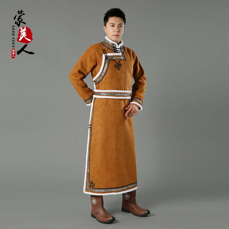 Traditional men's Mongolian robe autumn and winter deerskin velvet thickened thermal robe daily life wear