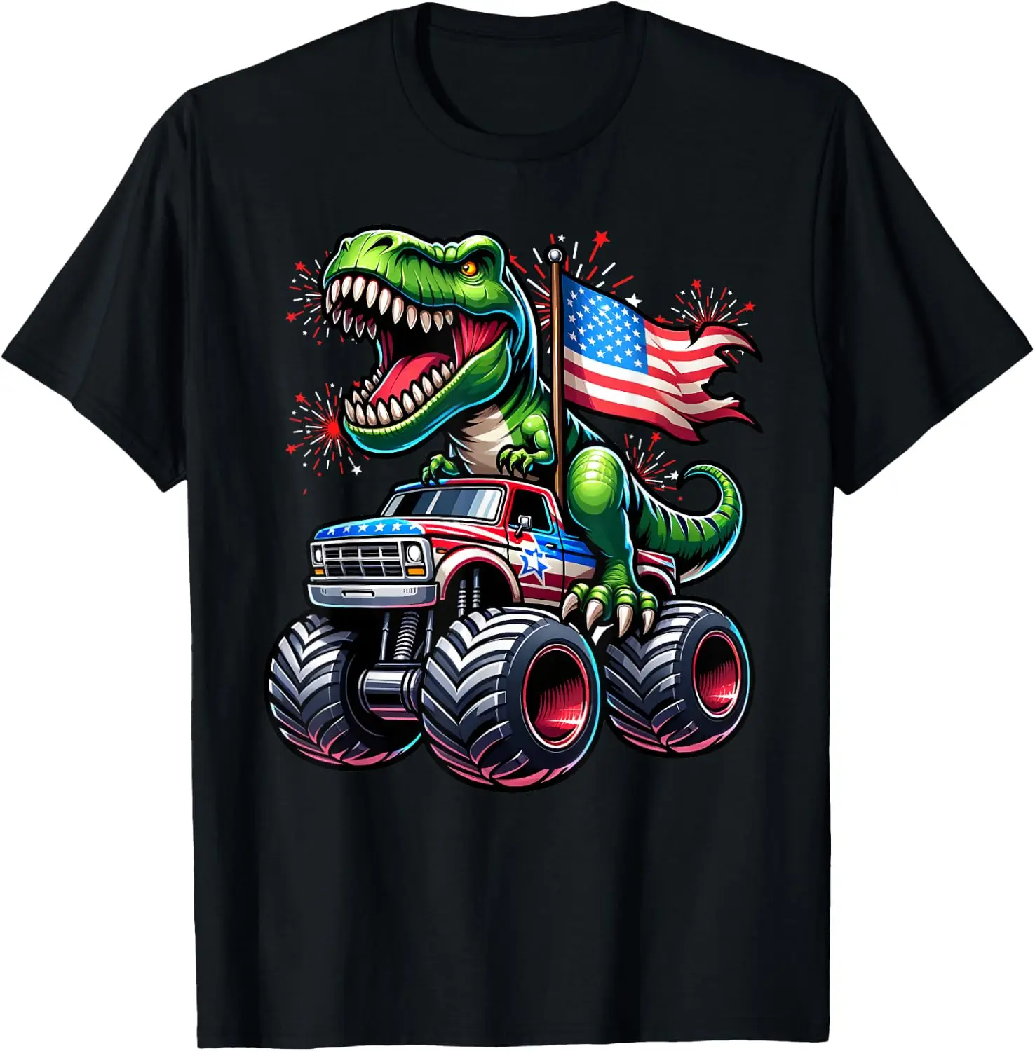 4Th July T Rex Dinosaur Monster Truck American USA Flag T-Shirt 100% Cotton Trendy Y2K Short-Sleeve Tee-Soft, Quick-Drying,