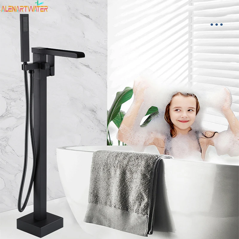 Grifo de bañera de cascada negra mate, juego de ducha de baño de pie, grifo de baño caliente y frío mezclador con ducha de mano