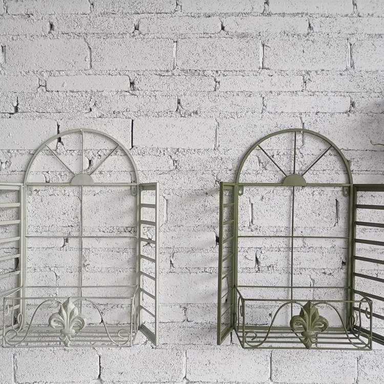 Vintage White Iron Fake Window Frame Plant Pot Holder, Wall Mounted Pot Stand for Villa Garden Wall Decoration