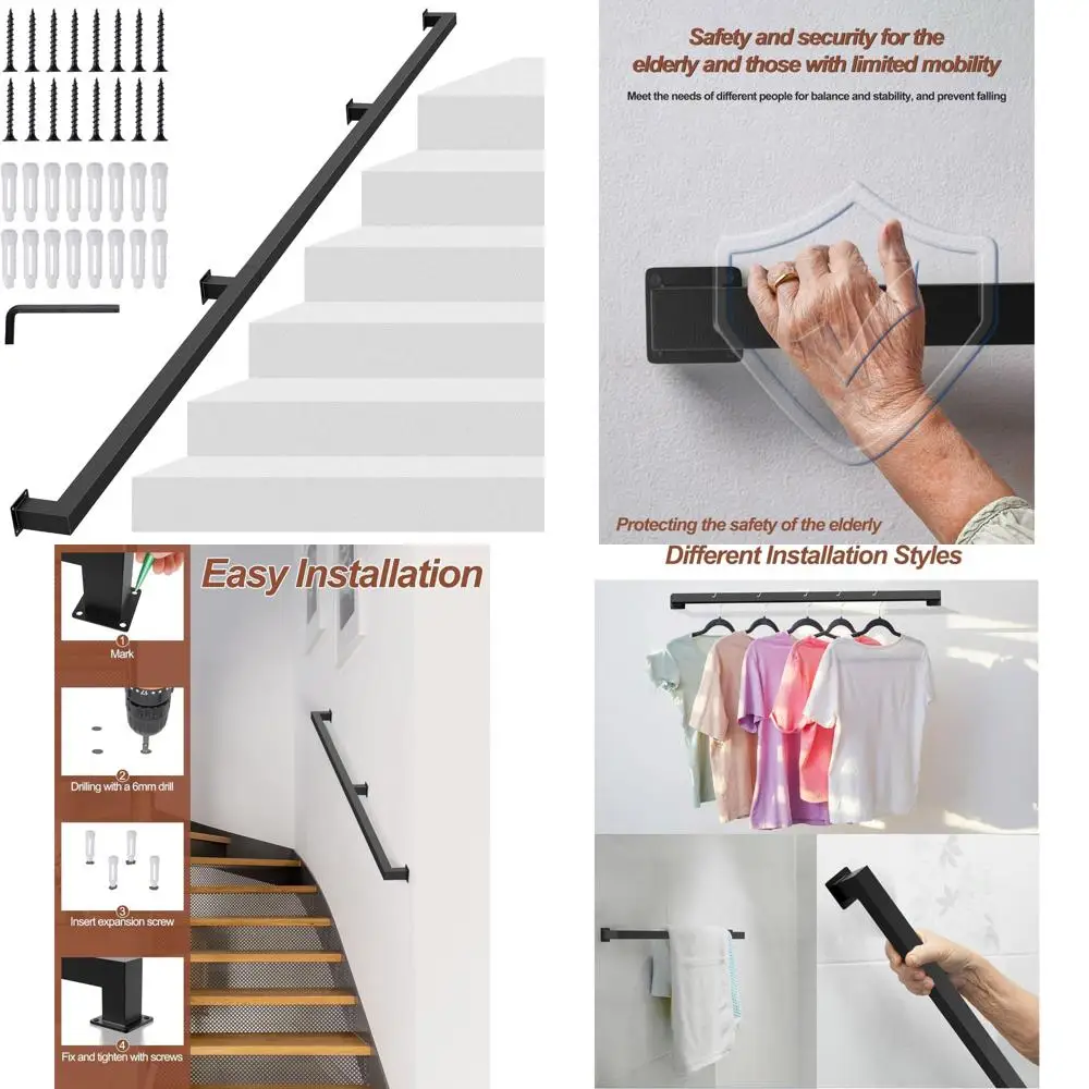 درابزين أنبوبي مربع أسود من الدرجة الصناعية - درابزين سلالم مثبت على الحائط بسعة 440 رطل للاستخدام الداخلي #1