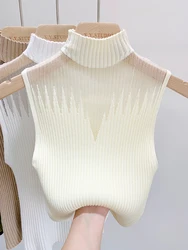 Mesh Knitted Top Women Y2K Tank Top Half Neck Vest Female Sleeveless Sweater Chic Cut Out Streetwear Solid Skinny White Tube Top