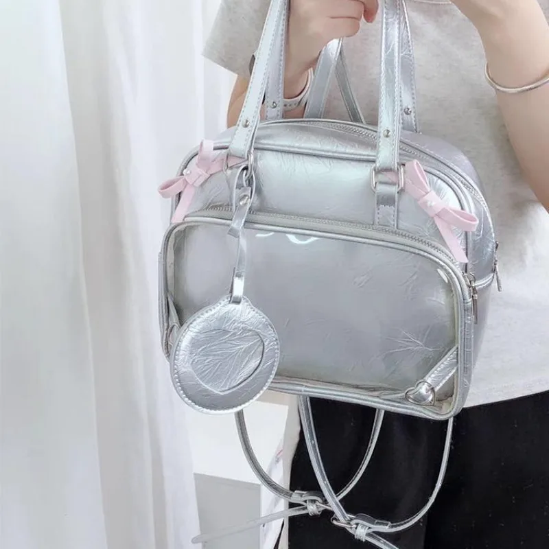 Xiuya Y2k Cute Womens Backpack Silver Transparent Lolita Jk New Fashion Backpack Pu Leather Bow Vintage Kawaii Aesthetic Bags