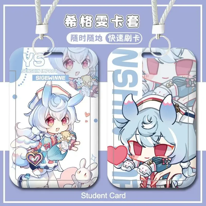 Anime Sigewinne Genshin Impact Student Meal Card Bus Travel Card Holder Travel Card Cover KeyChain Pendant Retractable Ferrule