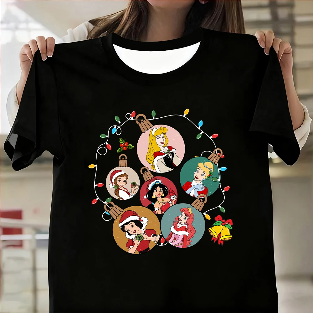 تي شيرت نسائي صيفي مطبوع عليه أميرات ديزني لعيد الميلاد قابل للتنفس كبير الحجم ملابس رياضية عصرية بنمط Y2k بأكمام قصيرة #2