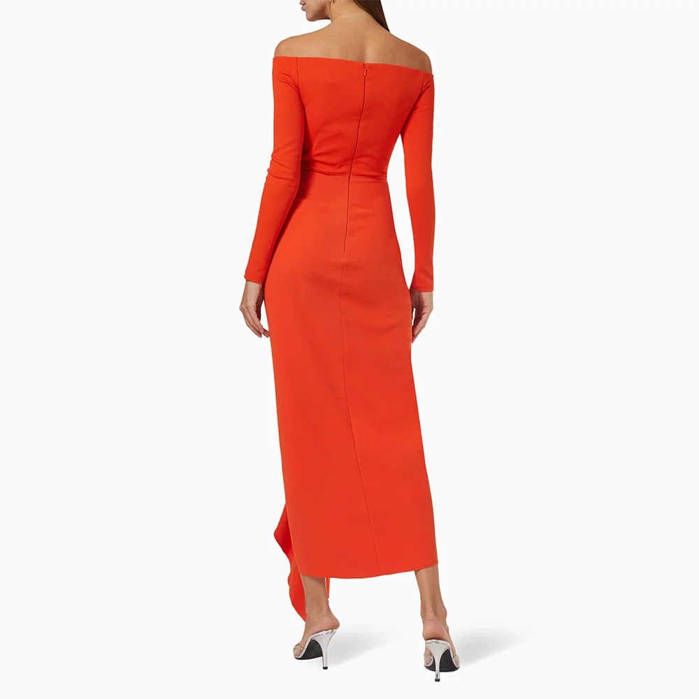 فستان سهرة برتقالي مخصص بدون أكتاف ورقبة قارب غمد لحفلات الكوكتيل وأكمام طويلة من الجيرسيه فساتين حفلة موسيقية ميدي #2