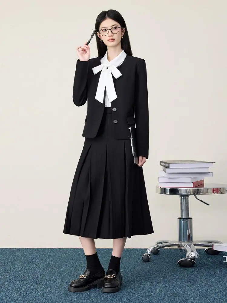 

Autumn Women's Black Grey Single Breasted Elegant Long Sleeved Blazer Tops And High Waist Pleated Skirt Temperment Two-piece Set