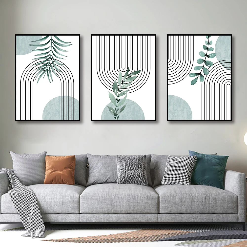 ملصق اسكندنافي بدون إطار ، خط تجريدي ، ورقة شجر ، هندسة ، رسم على قماش الكانفاس ، رسم جداري ، غرفة معيشة ، هدية مثالية ، 3 * *