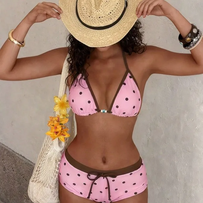 Women Vintage Polka Dot 2 Piece Bikini Set Halter Triangle Top Boy Short Drawstring Contrast Trim Bathing Suit Beach Swimwear