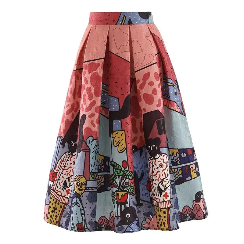 

Cartoon Print Midi Skirt Women Vintage High Waist A Line Summer Skirt Whimsical Doodle Art Audrey Hepburn InsFlowy Casual Bottom