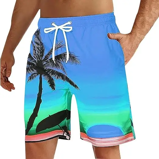 

Fashionable summer beach shorts - casual fashion - palm trees - seagulls - 3D water ripples surrounding printing