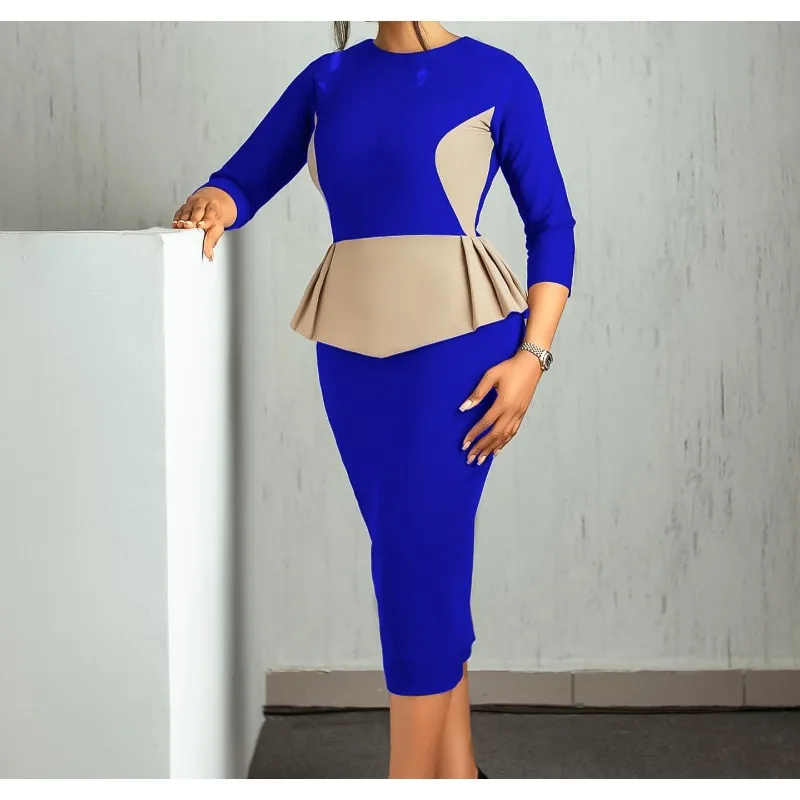 Elegant Work Dress Women 2026 Autumn and Winter Office O Neck Three Quarter Sleeve Patchwork Sheath Package Hips Mid Calf Skirt