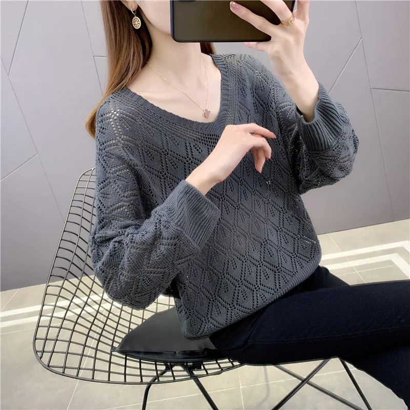 Three Quarter Sleeve V-neck Sweet Elegant Knitting Solid Casual Sweater Hollow Out Ladies Top Women Clothing Korean See-through