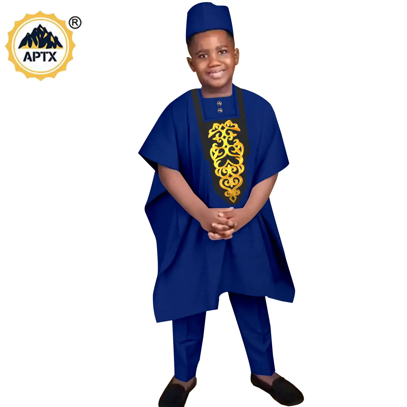 African Boy Appliques Short Sleeve Top Pant Robe Hat Suits Kid Outfits Dashiki Outfits Bazin Riche 4 Pieces Sets Y234020