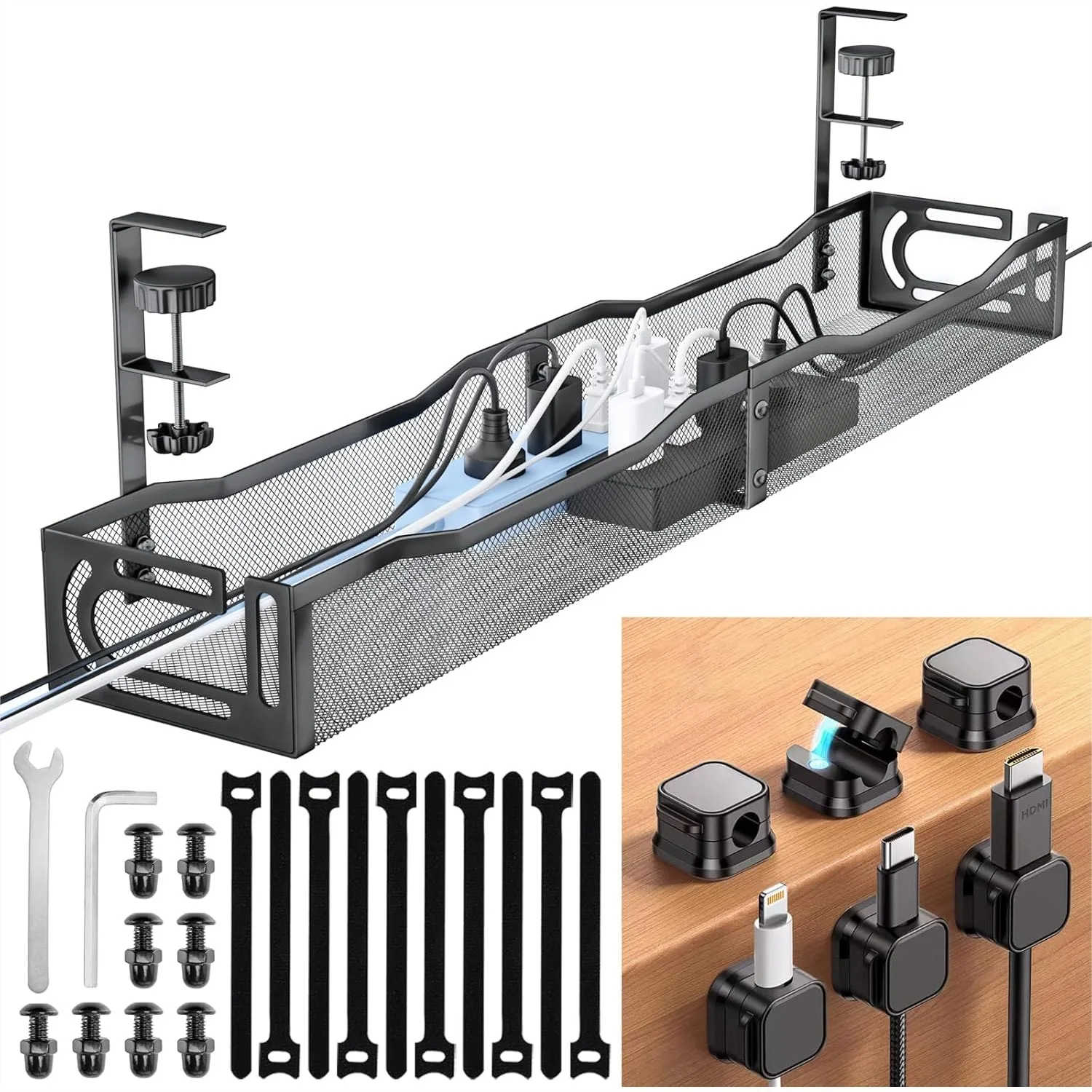 

Cable Management Under Desk Tray with Clamp, 25.3" Metal Cord Organizer for Standing Desk, Computer Wire Management for Home