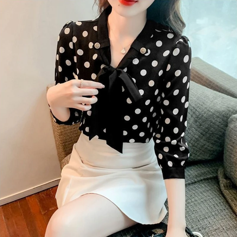 

​Fashionable Polka Dot Chiffon Women's Blouse New Arrival 2026 Summer Slimming Three Quarter Sleeve Pullover​