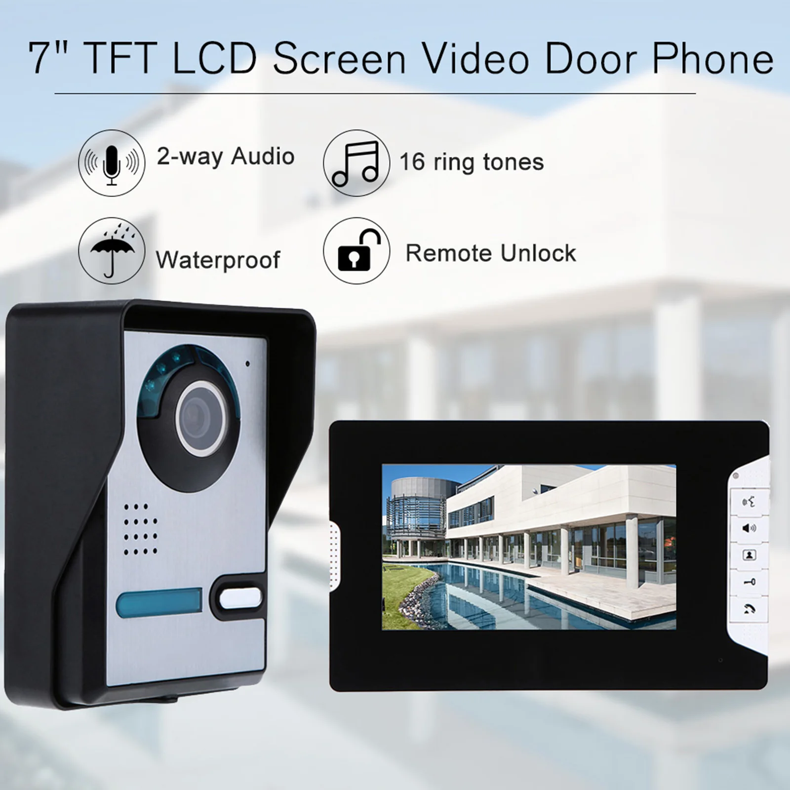 Outdoor Camera Doorbell Video Door Phone Waterproof with 7\'\' Color TFT LCD Monitor Screen 5 IR LEDs Adjustable Volume Brightness