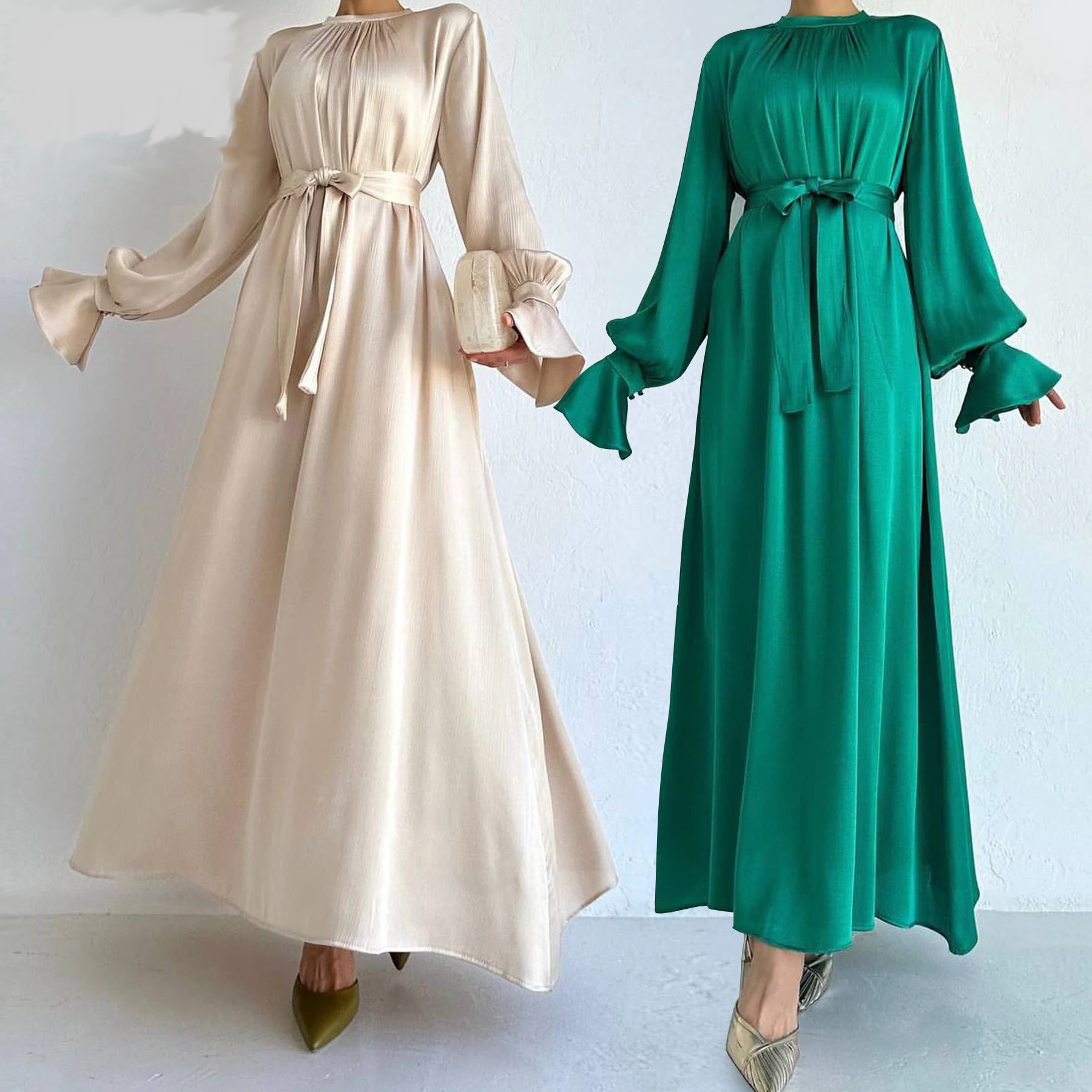 Fashion 2024 Satin Abayas for Women Muslim Flare Sleeve Maxi Dress Dubai Abaya Turkey Kaftan Eid Djellaba Caftan Marocain Femme