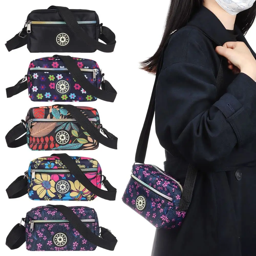 Lightweight Utility Crossbody Bag Durable Nylon Canvas Floral Print Multi Compartment Secure Zipper Women Travel Handbag