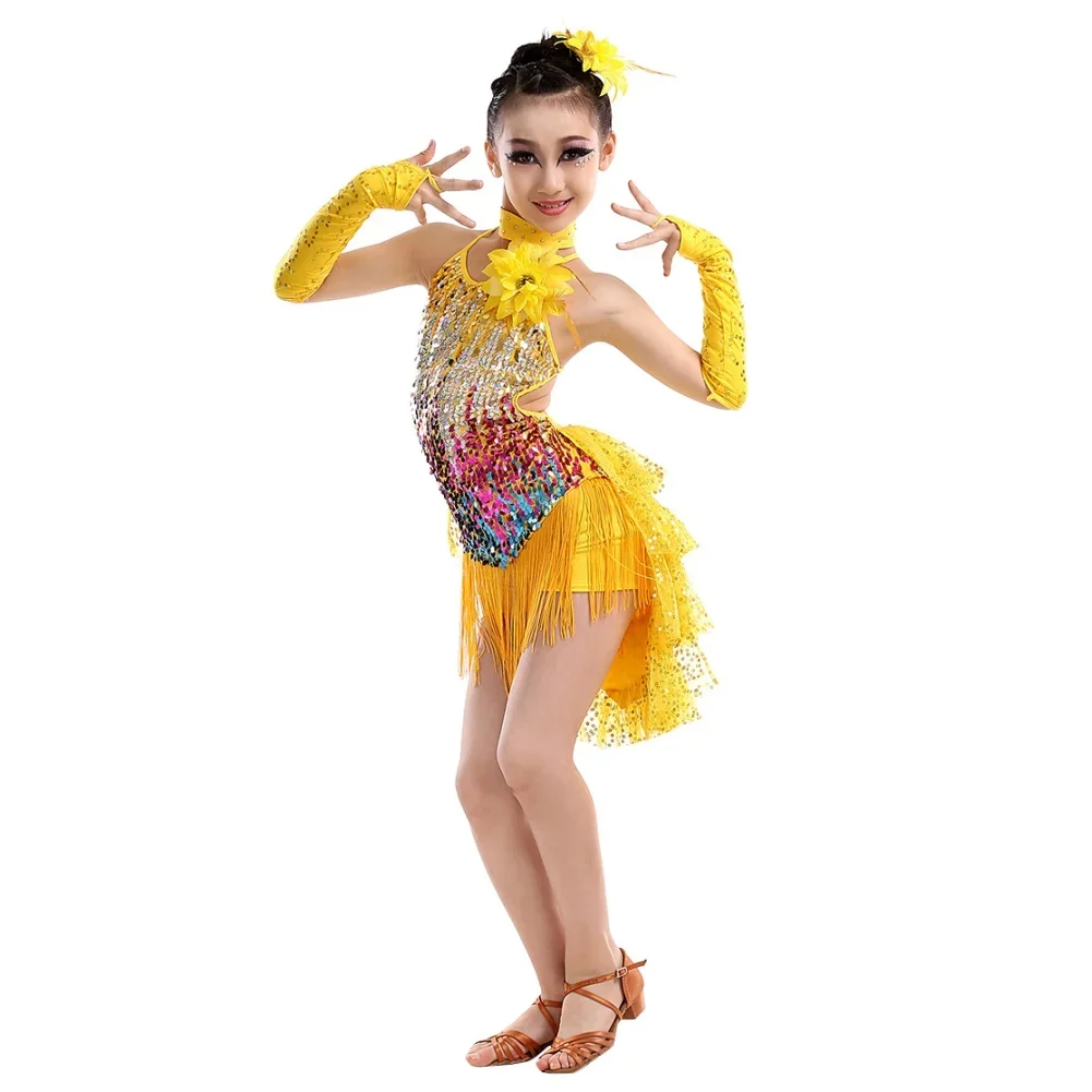 

Платье для латинских танцев для девочек, платье для ча-ча + чехол на рукав + ожерелье + 2 цвета, юбка для танго, танцевальная одежда, танцевальное платье с кисточками