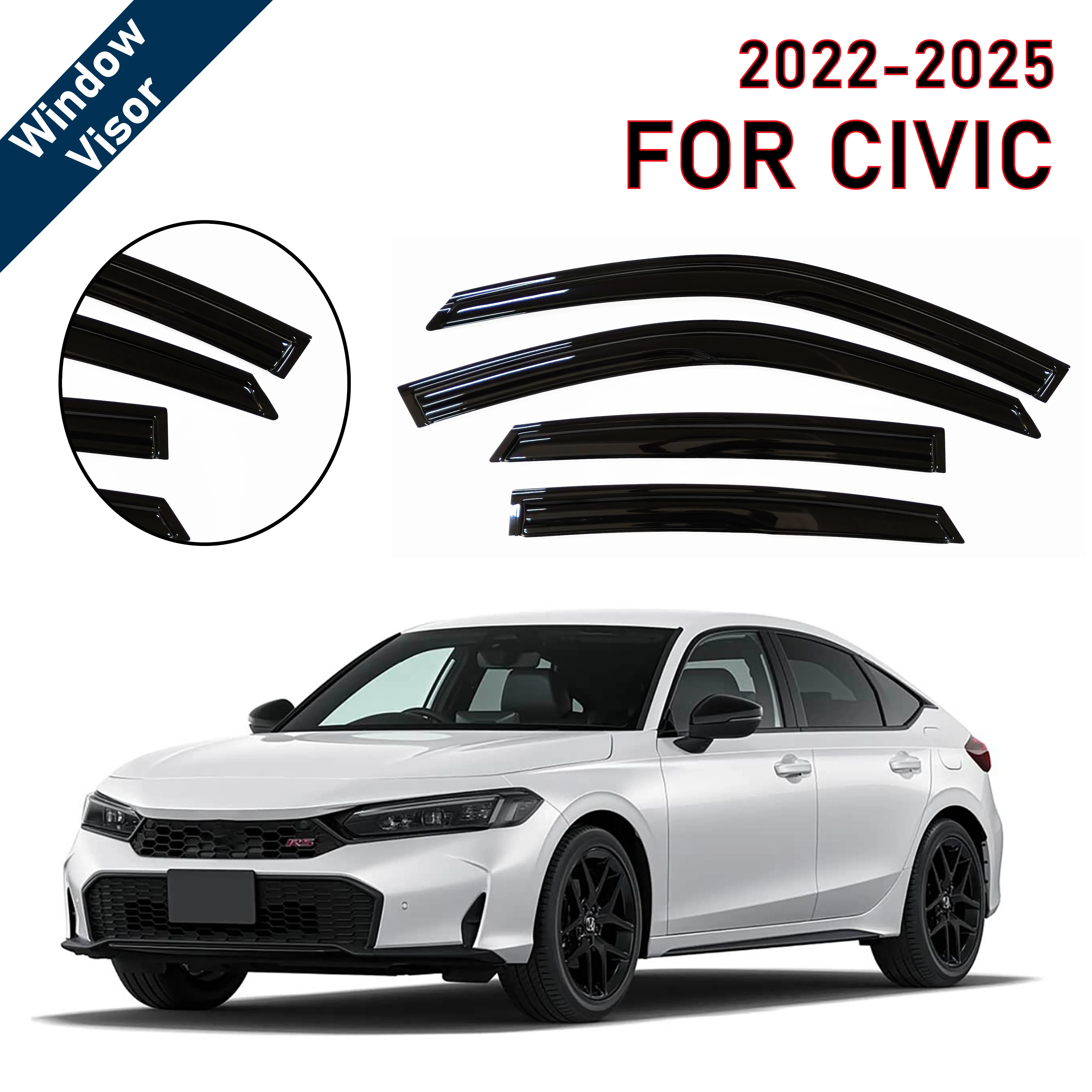 

Дефлекторы окон для Honda Civic 2022-2026 Седан | 4 шт. ветровых дефлекторов для защиты от дождя | Аксессуар для защиты автомобиля от непогоды