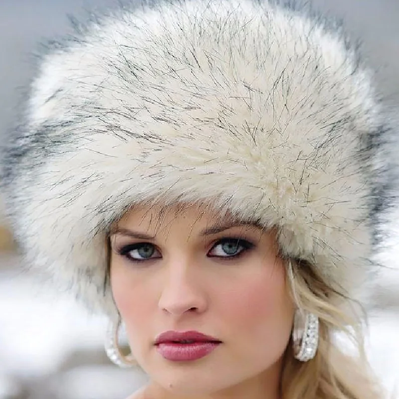 Women Winter Hats Lady Russian Thick Fluffy Faux Fox Fur Hat Fur Headband Furry Wide Headdress Ear Warmer Skiing Hat Accessories