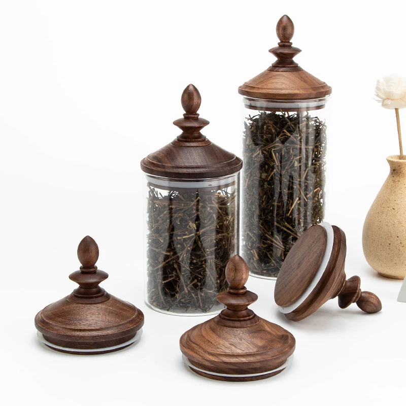 Glass Coffee Beans Storage Jar With Airtight Walnut Wood Lid Scoop Loose Tea Leaf Canister Food Container For Sugar Nuts Spice