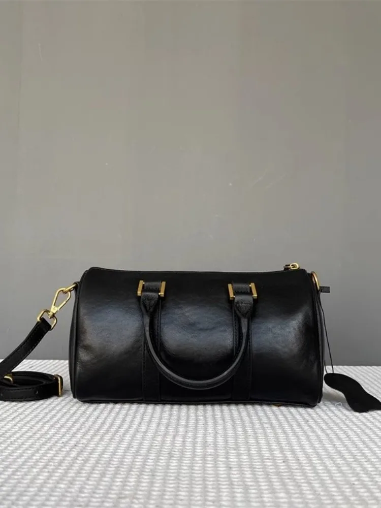 Retro Women Cowskin Genuine Leather Bag Fashion Tote Handbag Solid Color Boston Bag Office Ladies Single Shoulder Crossbody Bags