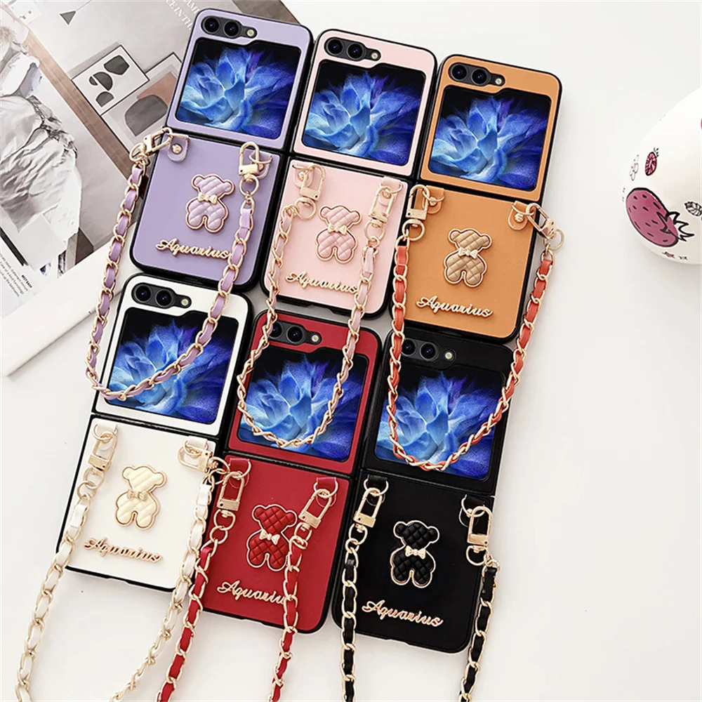 Niedliche Bären hülle Hand ketten etui für Samsung Z Flip 5 Z Flip 4 ZFlip3 Luxus Leder weiches Silikon Stoßdach Rückseite