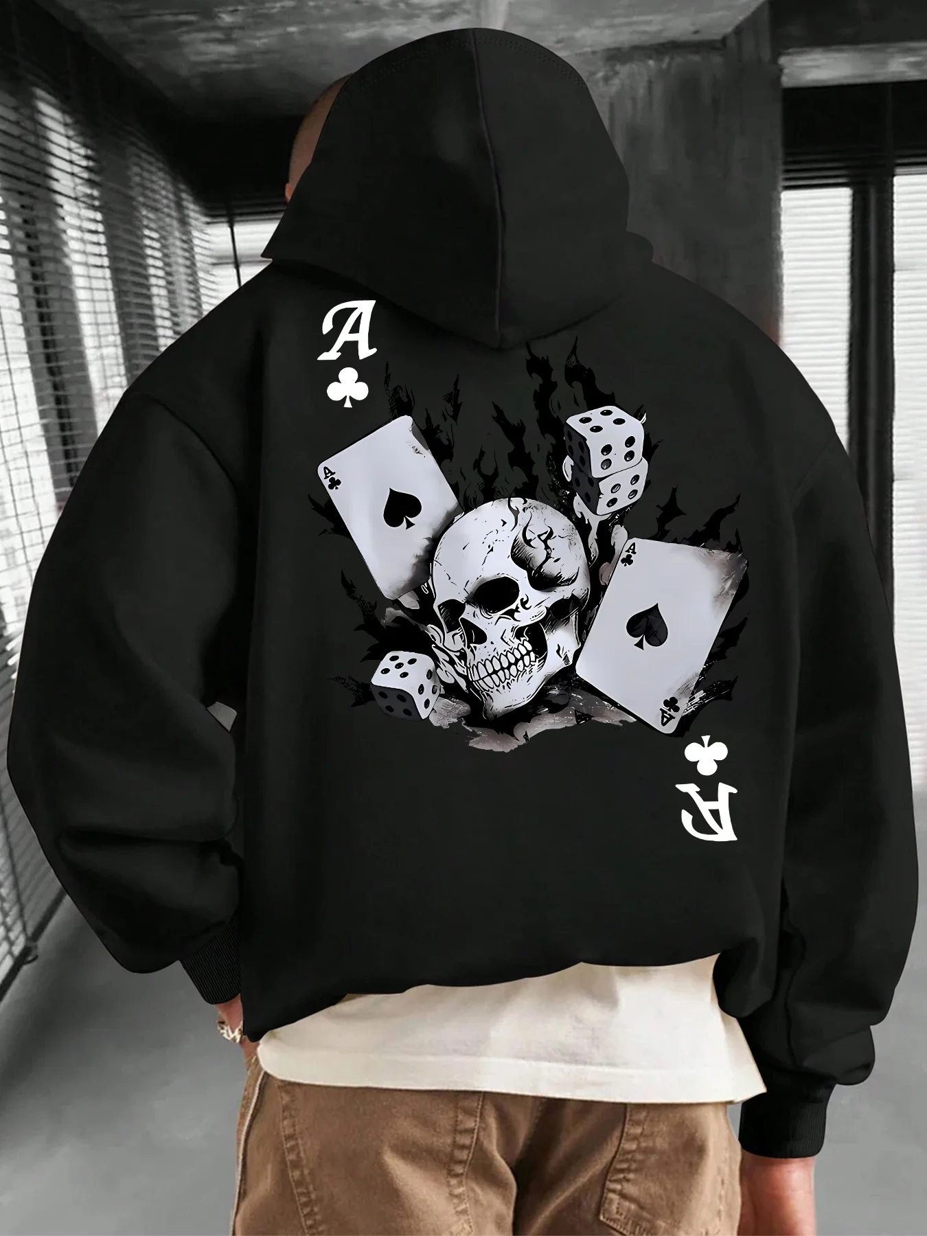 Loose and comfortable hooded sweatshirt for men. Skull cap dice flame art print. Sporty, everyday, outdoor hooded sweatshirt.