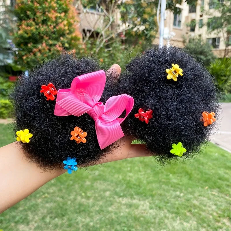 

2pcs BIG Afro Puff Ponytails with Colorful Flower Clips - Kinky Curly Hair Buns for Girls, Black Synthetic Hair Extensions