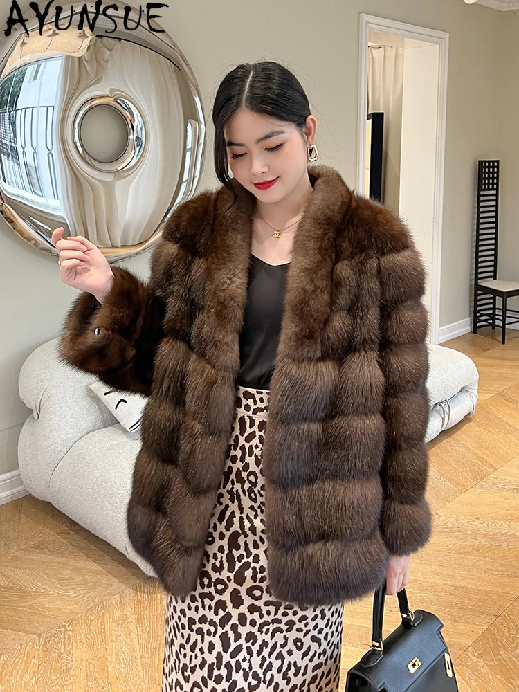 AYUNSUE 2025 vestes de fourrure de vison naturel femme col en v veste d'hiver de fourrure de vison de luxe pour femme vêtements de haute qualité tyleфта Ramonхом