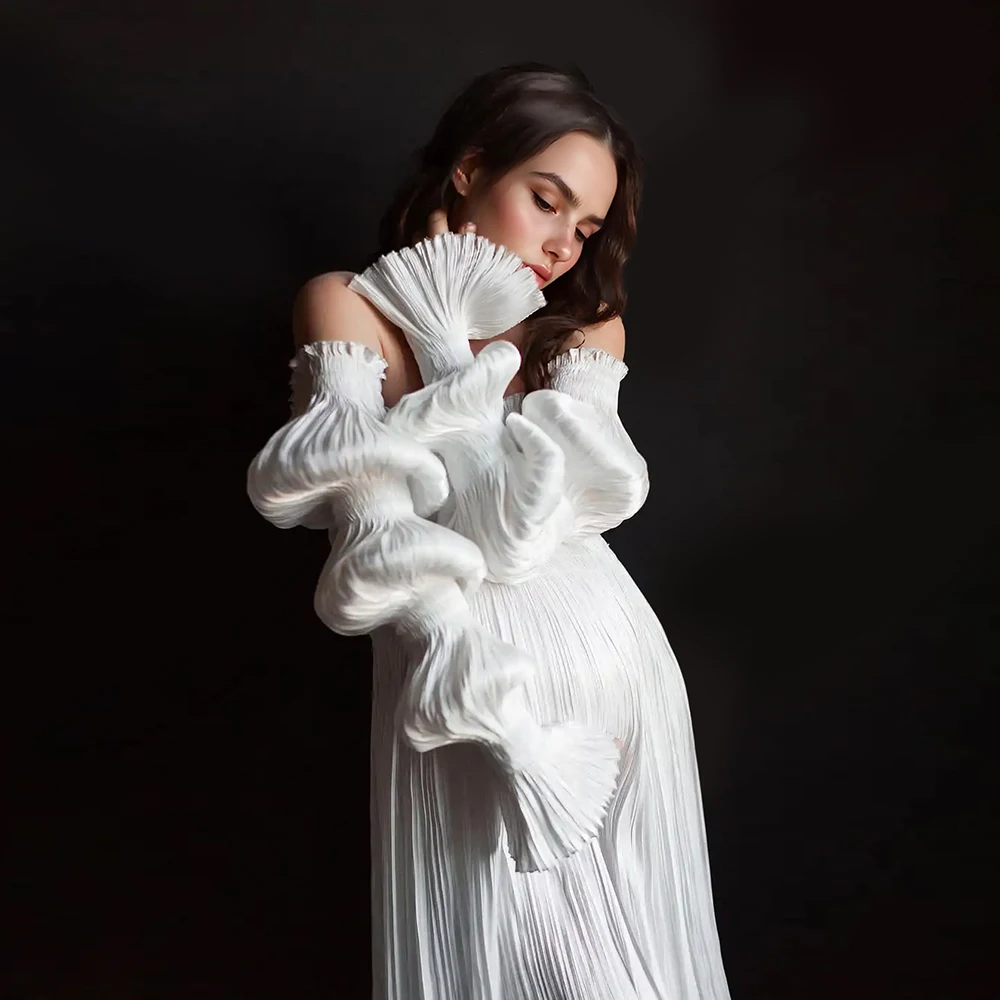 Off Shoulder Pleated Maternity Photoshoot Dress Lantern Sleeve Long Dresses for Pregnant Photography Beach Photoshoot Outfits​