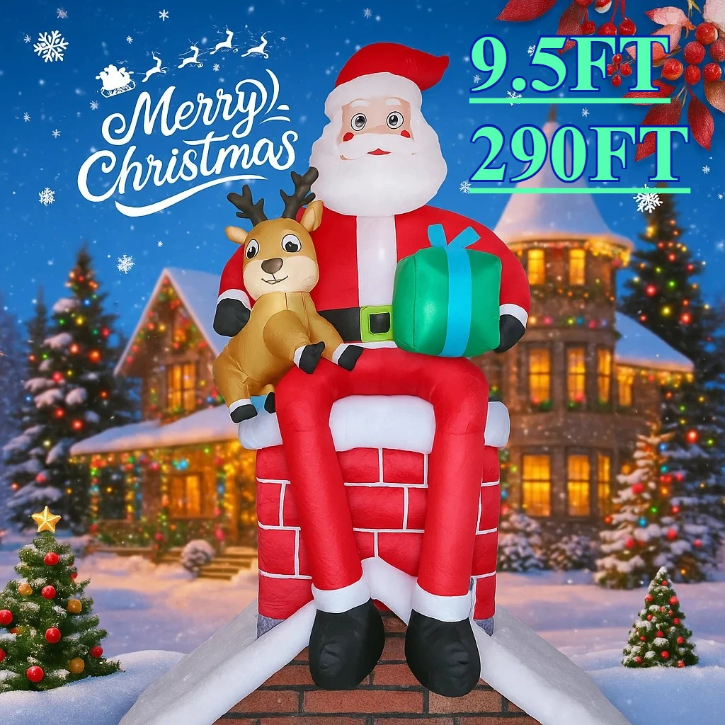 Decoración de patio de Navidad de 9,5 pies, decoración inflable de Papá Noel para vacaciones de Navidad, regalo de Reno, adorno LED para el hogar, suministros de regalos, juguete